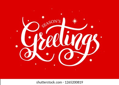 Season's Greetings brush calligraphy vector banner. Lettering winter frosty card white text on a snowy red background. Christmas posters, cards, headers, website