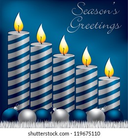 Season's Greetings candle, bauble and tinsel card in vector format.