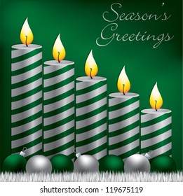 Season's Greetings candle, bauble and tinsel card in vector format.