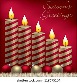 Season's Greetings candle, bauble and tinsel card in vector format.