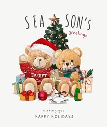 Season's Greetings Card With Bear Dolls Couple And Christmas Tree Vector Illustration	