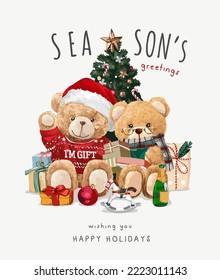 season's greetings card with bear dolls couple and Christmas tree vector illustration	