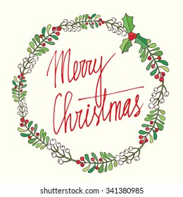 Season's Greetings card with calligraphy. Christmas floral frame. Christmas card. 
