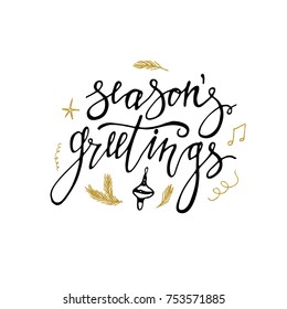 Season's Greetings card with gold glitter Christmas elements. Hand lettering calligraphic inscription by brush for Christmas, New Year greeting card template. Vector illustration