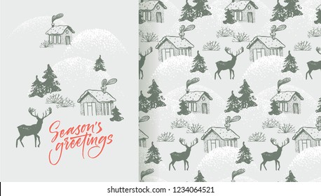 Season's greetings card and pattern with cozy village and deer 