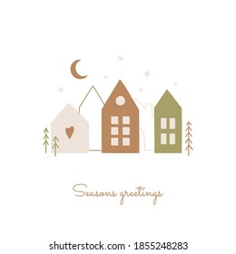 Seasons greetings card in scandinavian style. Hand drawn cute hauses, fir trees, snowflackes and moon. Vector illustration.