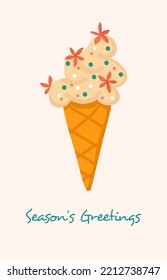 Season's Greetings card. Spicy ice cream cone with star anise and sugar balls . Vector illustration in orange, beige, yellow, blue, white colors. For autumn, fall holidays Halloween, Thanksgiving