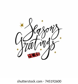 Season's Greetings card with stars and christmas present. Hand lettering calligraphic inscription by brush for Christmas, New Year greeting card template. Vector illustration