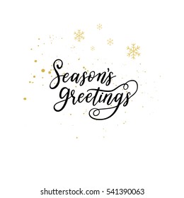 Season's Greetings card. Vector winter holiday background with hand lettering calligraphy, snowflakes, falling snow.