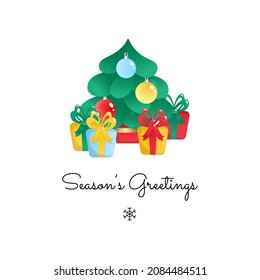 Season's Greetings card. Winter illustration of a cute fir tree with christmas decorations and colorful gift boxes isolated on a white background. Vector 10 EPS.
