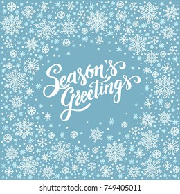 Season`s Greetings, christmas background with snowflake frame, winter wreath, template for greeting card, invitation, poster.