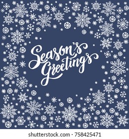 Season`s Greetings, christmas background with snowflake frame, winter wreath, template for greeting card, invitation, poster.