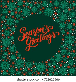 Season`s Greetings, christmas background with snowflake frame, winter wreath, template for greeting card, invitation, poster.