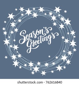 Season`s Greetings, christmas background with star
garland frame, winter wreath, template for greeting card, invitation, poster.