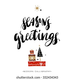 Season's greetings. Christmas calligraphy. Handwritten modern brush lettering. Hand drawn design elements.