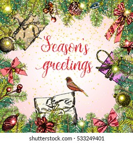 Season's greetings, Christmas greeting card with calligraphy. Handwritten modern brush lettering. Hand drawn holiday frame.