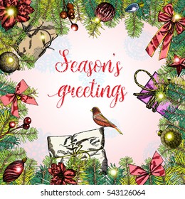 Season's greetings, Christmas greeting card with calligraphy. Handwritten modern brush lettering. Hand drawn holiday frame.