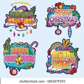 Season's Greetings Christmas and New Year Stickers, Colorful Objects Psychedelic Art Style 