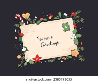 Season's greetings! Christmas post card encircled with spruce and fur branch, evergreen plants, ginbread cookies, poinsettia, stamp with dove of peace. Bulb lights. Cozy winter. Vector.