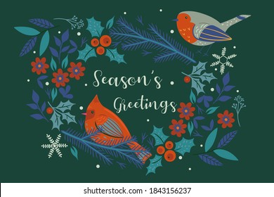 Season's greetings . Christmas wreath and birds. Vector graphics.