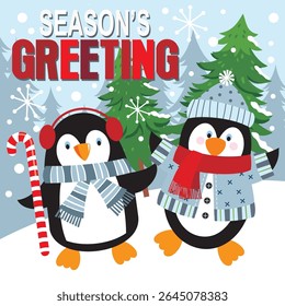 Season's Greetings with Cute Penguins in a Winter Scene