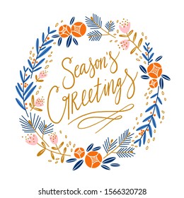 Seasons greetings festive floral wreath, vector illustration