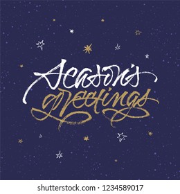 Season's Greetings greeting card. Handwritten brush calligraphy on dark blue background with snow and stars.