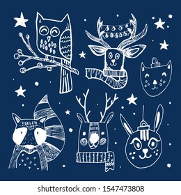 Season's greetings. Hand drawn Christmas animal for greeting cards, stationary, gift tags, scrapbooking, invitations. Social media post template