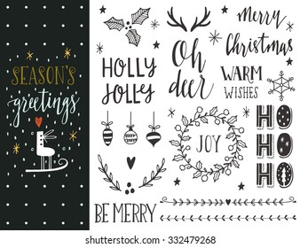 Season's Greetings. Hand Drawn Christmas Holiday Collection With Lettering And Decoration Elements For Greeting Cards, Stationary, Gift Tags, Scrapbooking, Invitations.