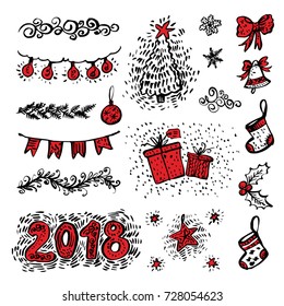 Season's greetings. Hand drawn Christmas holiday collection with illustration and decoration elements for greeting cards,stationary,gift tags,scrapbooking, invitations.2018,fir-tree, star, bell,socks.