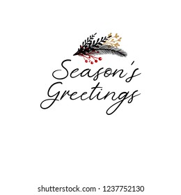 Season's Greetings Hand Lettering Greeting Card. Vector Illistration. Modern Calligraphy. Handwritten Christmas Decor. Isolated on white background.