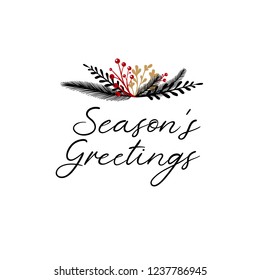 Season's Greetings Hand Lettering Greeting Card. Vector Illistration. Modern Calligraphy. Handwritten Christmas Decor. Isolated on white background.