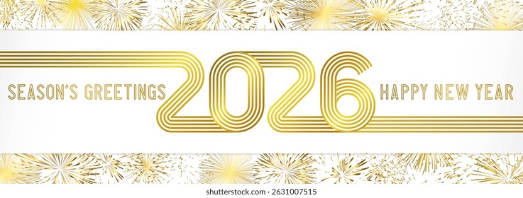 Season's greetings and A Happy New Year horizontal banner with golden fireworks and creative text design. Editable gold frame, white backdrop. Merry Christmas congrats template. Set of shiny glitters.