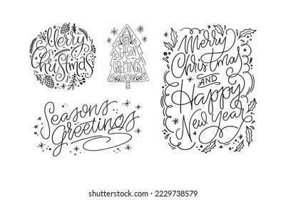 Seasons greetings. Happy winter holidays postcard. Merry Christmas and happy new year lettering. Holly jolly. Merry and bright. 