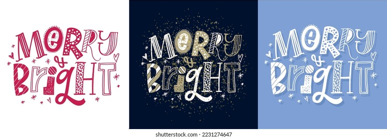 Seasons greetings. Happy winter holidays postcard. Merry Christmas and happy new year lettering. Holly jolly. Merry and bright. 