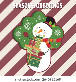 Season's Greetings Holiday Card with Snowman and Gifts