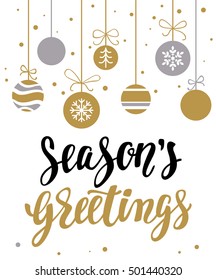 Season's greetings. Holiday greeting card with calligraphy and decorative elements. Handwritten modern lettering with xmas decorations on white background.