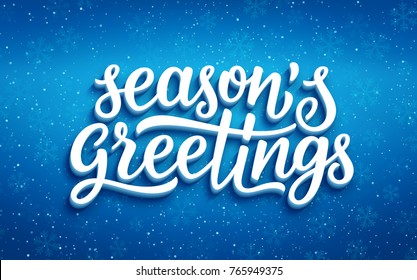 Seasons Greetings Lettering On Blue Blurry Vector Background With Sparkles. Greeting Card Design Template With 3D Typography Label