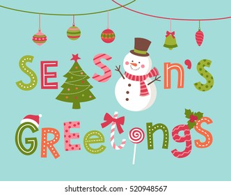 Season's Greetings lettering with snowman illustration, typographic holidays greeting card design.