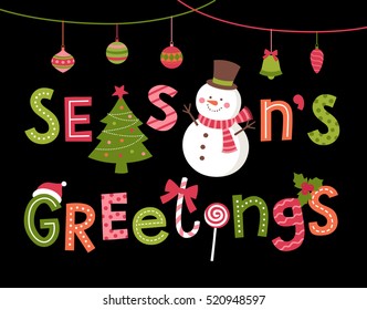 Season's Greetings lettering with snowman illustration, typographic holidays greeting card design.