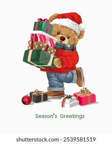 season's greetings logan with bear doll holding gift boxes vector illustration