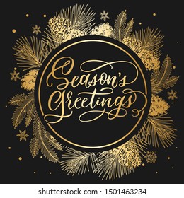 Season's Greetings -Merry Christmas theme card template with round hand made line illustrations of fir-tree foliage frame and fancy lettering