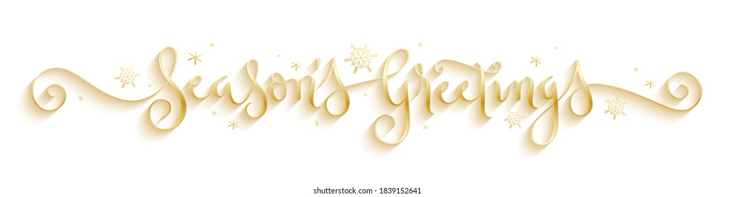 SEASON'S GREETINGS metallic gold vector brush calligraphy banner with spiral flourishes and snowflakes