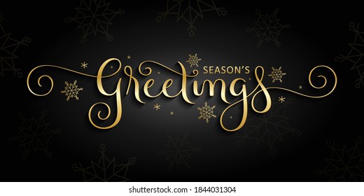 SEASON'S GREETINGS metallic vector gold brush calligraphy banner and spiral swashes black background