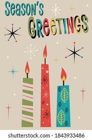 Season's Greetings Mid Century Modern Christmas Cards Style Illustration, Candles ans Snowflakes