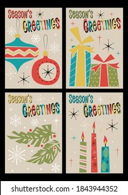 Season's Greetings Mid Century Modern Greeting Cards Style Illustration Set, Christmas Decorations, Tree, Candles, Gift Boxes