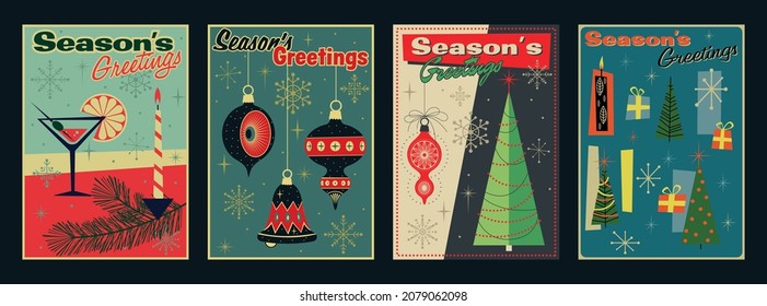 Season's Greetings Mid Century Modery Holiday Postcards Style Illustration Set, Vintage Colors and Shapes