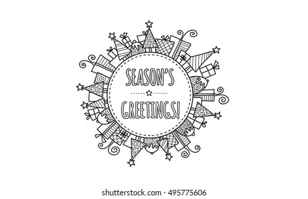 Season's Greetings Modern Christmas doodle vector illustration with the words season's greetings in a circle surrounded by christmas trees, presents, puddings, and stars on a white background.