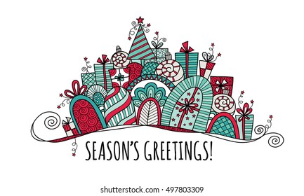 Season's Greetings Modern Christmas doodle vector illustration with the words season's greetings under a banner of presents, baubles, a christmas tree, swirls and stars.