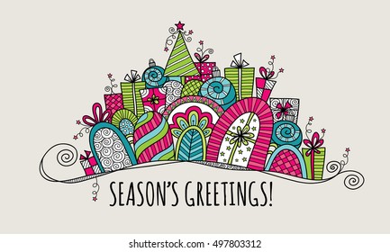 Season's Greetings Modern Christmas doodle vector illustration with the words season's greetings under a banner of presents, baubles, a christmas tree, swirls and stars on silver background